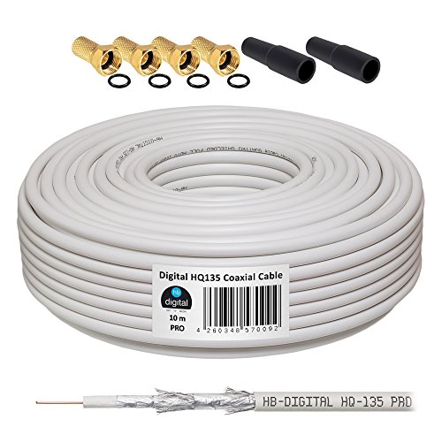 HB-DIGITAL Cable Coaxial de HB Digital Set SAT de cable con conectores F dorados y protección Boquillas, cable coaxial para recepción por satélite, nivel de protección 130dB, mejor recepción para HDTV, 3d, FullHD, Ultra HD, HD 4 K2 K, UHDTV