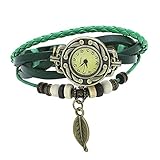 IG-Invictus Braune Retro Weave Wrap Lady Perle Blatt baumeln Armband Armreif Quarz Armbanduhr Vintage Blatt Anhänger Wrapped Lady Armband Tisch (Laub Grün)