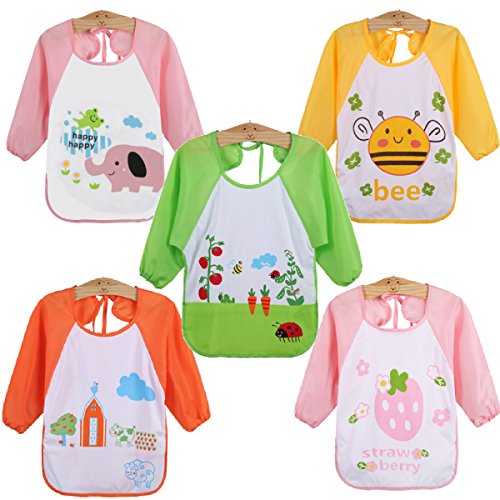 WeiterVor 5-Pack Wasserdicht Babylätzchen Langarmlätzchen mit Auffangschutz 0-3 Jahre