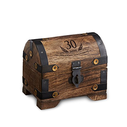 Geld-Schatztruhe zum 30. Geburtstag mit Gravur - Klein - Dunkel - Bauernkasse - Schmuckkästchen - Spardose - Aufbewahrungsbox aus Holz - lustige und originelle Geburtstagsgeschenk-Idee - 10 cm x 7 cm x 8,5 cm
