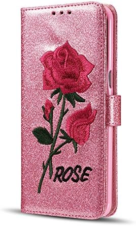 Samsung Galaxy J510 J5 2016 version Case,Premium Bling Glitter [Rose Pattern Embroidery] Flip PU Leather [Magnetic Closure] Stand Wallet Case with [Card Slots] Cover for Samsung Galaxy J510/J5 2016 - Pink