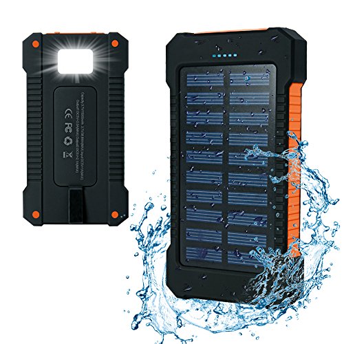 spécification Chargeur Solaire 15000mAh,Iyowin Dual USB Portable Power Bank pour Voyage Extérieure avec Lumière LED , étanche et à la poussière et résistant aux chocs-Orange Noir