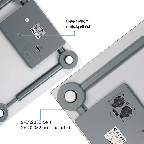 RENPHO® Personenwaage aus gehärtetem Sicherheitsglas (6mm), 30x30x3cm, 180kg/0,1kg , weißes Marmormuster, beleuchtetes LCD-Display, Inkl. Batterien - 6