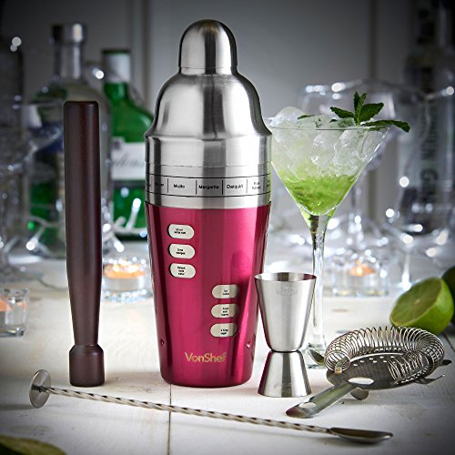 VonShef Cocktail Shaker Set mit gedrehtem Barlöffel, 15 eingravierten Rezepten, Hawthorne-Sieb, 25ml & 50ml Messbecher & Holz-Stößel – Rot – Zwei Jahre KOSTENLOSE Gewährleistung - 2