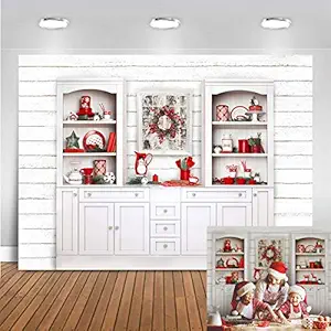 Mocsicka Christmas Modern Kitchen Photography Backdrop Retro Wood White Wall Child Cook Background Indoor Party Decorations Photo Studio Newborn Baby Portrait Props (7x5ft)