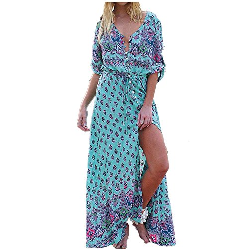 LEvifun Robe Maxi Longue Femme Ete Chic Robe de Soiree Robe de Plage Robe Vintage Sexy Boho Grande Taille Floral Imprimé Col V Cocktail Party Prom Dress Sundress Chemise Robe Tunique (3XL, Vert)