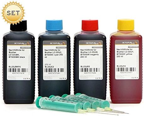4x 250 ml Refill Ink Black/Cyan/Magenta/Yellow Printer Ink for Brother LC 22UBK, 22UC, LC 22UM, LC 22UY Printer Ink Cartridges – For Brother BT6000 BT5000, DCP-J 785, MFC-J 985, Non OEM