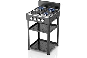 4-in-1 Gas Stove with 3 Burners and Electric Hot Plate, Freestanding Cooking Station with Storage Shelves for Home & Outdoor Use