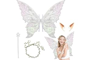 WEICLIANHP Feenflügel Kostüm, Feenflügel, Schmetterlingsflügel, Elfenflügel mit Elfenohren, Blumenkranz, Feenflügel, Damen, funkelnde Engelflügel, für Kinder, Mädchen