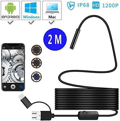 Usb Endoscope,Premium 3 In1 USB Semi-rigid Flexible Snake Camera 2 Megapixels HD 1200P USB Borescope, IP68 Waterproof with 8 Adjustable LED Lights for Android Smartphone, Tablet, PC and Mac
