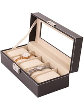 TRESKO® Uhrenbox für 5 Uhren Uhrenkasten Uhrenschatulle Uhrenkoffer Uhrenaufbewahrung aus Kunstleder, schwarz