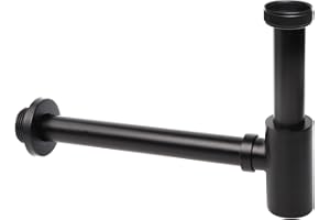 OPERMAXER Design Siphon [Extra Lang 200mm Tauchrohr], 1 1/4 x 32mm Einstellbares Verdickung der Rohre，Universal Messing Flaschensiphon für Waschbecken & Waschtisch, Geruchssperre（Schwarz Matt）