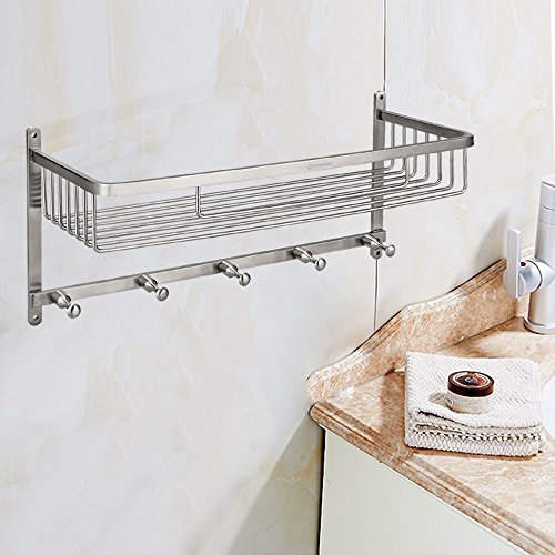 homeideas 2-in-1-Extrem Fest & rostfrei rechteckig Badewanne und Dusche Regal Korb, Wand montiert Badezimmer Bad Caddy/Aufbewahrung mit 5 Handtuchhalter Haken Kleiderbügel, gebürstet, SUS304 Edelstahl, Edelstahl, Silber, C-Rectangular(2-in-1) - 7