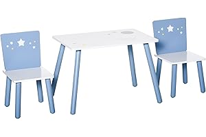 HOMCOM Tavolo e Sedie per Bambini, Tavolino per Bambini 2-4 Anni, in Legno Azzurro e Bianco, Set 3 Pezzi