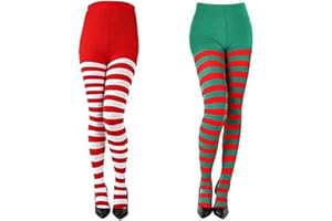 Dearlan 2 Pairs Women's Nylon Horizontal Striped Tights Red Green White Striped Tights Full Footed Striped Socks Thigh High Stockings Striped Pantyhose for Party Dress Up Cosplay
