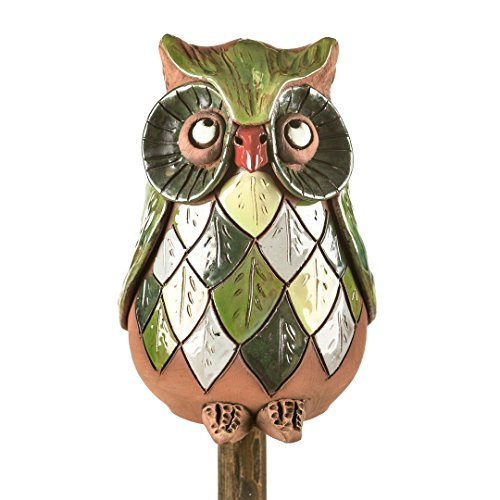 Ceramics World Gartendeko Eule mit grünen Blättern auf einem Stock, mehrfarbig
