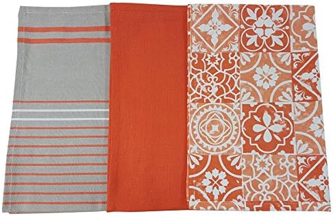 ORANGE MOROCCAN PATTERN MOSAIC STRIPE 3 PIECE KITCHEN TEA TOWEL SET