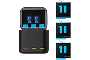 AUYKOO Caricabatterie Triplo e scatola di immagazzinaggio della batteria con caricatore a 3 canali con 3 batterie con cavo di tipo C USB per Go Pro Hero 12 Hero 11/10/9 Black