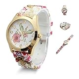 Estone Hot Fashion Women Dress Watch Silicone Printed Flower Causal Quartz Wristwatches