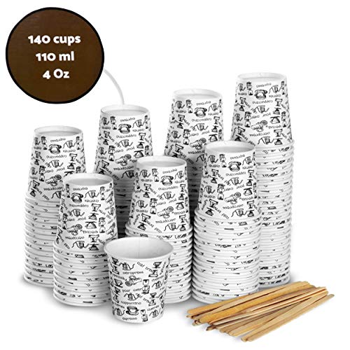 140 Espresso Gobelets en Carton 110 ml avec Agitateurs en Bois pour Café à Emporter