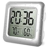 3 Einstellmethode. Die Duschuhr kann freistehend, an der Wand montiert, an einem Haken aufgehängt werden oder mit dem starken Saugnapf an einer glatten Oberfläche, Glas, Fliesen oder Spiegel angesaugt werden. Der LCD-Bildschirm besteht aus PET-Glas. Wenn Sie die Saugnapf Montageoption verwenden, ist der Bildschirm der Uhr schwieriger zu brechen und verringert das Risiko eines Herunterfallens.