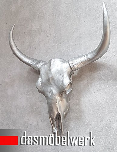 dasmöbelwerk XXL Deko Schädel 65 cm Silber Stierkopf Skulptur Stier Bullenschädel Wandskulptur Hörner Bulle Stierschädel - 2