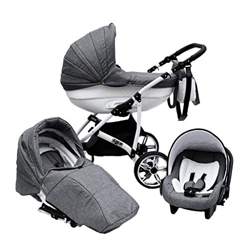 Cleo Kombi Kinderwagen 3 in 1 Komplettset mit Vollgummireifen - grau/weiß mit Kunstlederelementen