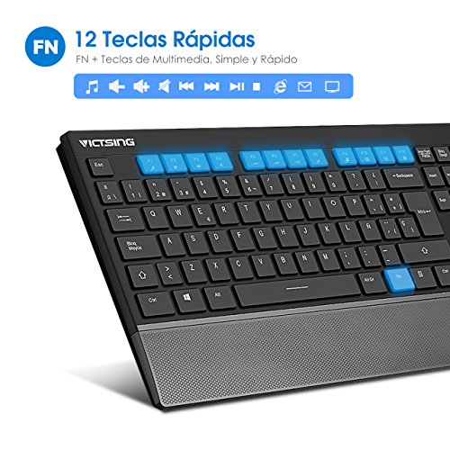 VICTSING Pack de Teclado y Rat  n Inal  mbricos  QWERTY Espa  ol 104 Tecla  USB  2 4GHz  para PC  Mac  Tableta  Ordenador  Smart TV   Color Negro