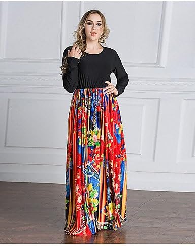 YQUNZIQINZI Women's Party Jalabiya Maxi Dress, Floral Round Neck Long Sleeves, orange, xxxxxxl