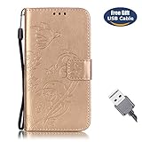 Aireratze Galaxy S5 Handyhülle, Galaxy S5 Hülle PU TPU Innen 2 Separate Magnetverschluß Kratzfestes Geprägtes Natur-Gras-Betriebsschmetterlings-Muster in Gold Hülle für Samsung S5 (USB Cable)