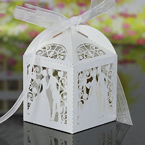 Lavinaya bunte Papierbox mit Motiv Braut und Bräutigam, für Hochzeit, Süßigkeiten, Party, 50 Stück, personalisierbar weiß