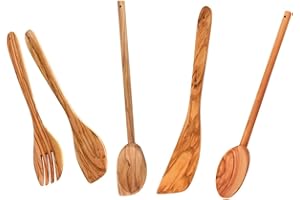 Fackelmann 9902050 Ensemble ustensiles de cuisine en bois d'olivier, 4 pièces, couverts à salade, cuillères, spatule, Bois d'olivier, 30 cm