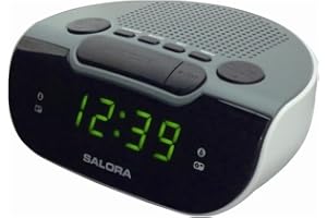 SALORA Reveil Matin Lumineux Numérique LED – Horloge Digitale, Radio FM Intégrée, Double Alarme & Snooze, Veilleuse Réglable, Secteur ou reveil Matin a Piles, Compact Noir/Gris/Blanc