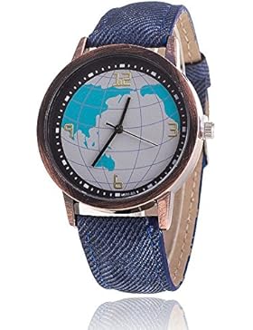 Unisex Armbanduhr Quarz Weltkarte Ziffern Alt gold Jeansband blau