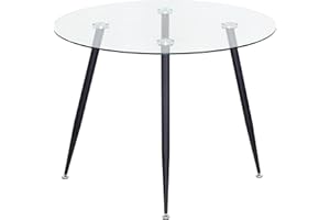 MOG CASA Mesa de Comedor Fija Redonda Corin | 100 x 100 x 75 cm | Ideal para Cocina o Salón | Ideal para 3 a 4 Personas | Tablero de Cristal Transparente | Patas de Metal en Negro