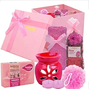 BodyHerbals Rose Soap Spa Gift Set - Calming Bath & Body Care Kit For Men & Women (Rose Bathing Bar 100gms, Face Terry Towel, Aroma Diffuser, Rose Potpourri, Bath Puff, 2 Tea Lites) Skin Care Set & Kits