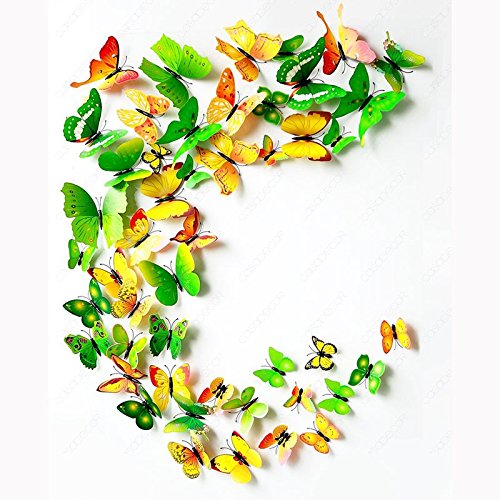 Haimoburg 72 Stück 3D Schmetterling Aufkleber Wandsticker Wandtattoo Wanddeko für Wohnung, Raumdekoration Klebepunkten+ Magnet (72 Stück in 6 Farbe 12 Gelb+12Grün +12 Lila +12 Rosa +12 Blau+12 Rot) - 2