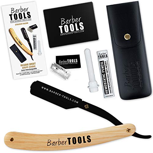 Rasoir à Barbe Traditionnel - Rasoir droit coupe-choux/Rasoir de barbier lame interchangeable + 5 doubles lames (10 Lames Simples) + Chiffon + Etui + Stick hémostatique ? BARBER TOOLS ?