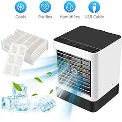 Refroidisseur D'air, mini Climatiseur Mobile Portable avec Bac à Glaçons et Filtre remplaçable, Air Cooler Ventilateur USB, Purificateur et Humidificateur pour Maison, Bureau et Extérieur