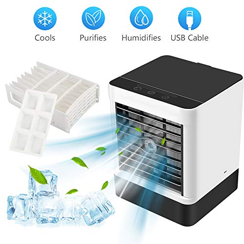 Refroidisseur D'air, mini Climatiseur Mobile Portable avec Bac à Glaçons et Filtre remplaçable, Air Cooler Ventilateur USB, Purificateur et Humidificateur pour Maison, Bureau et Extérieur