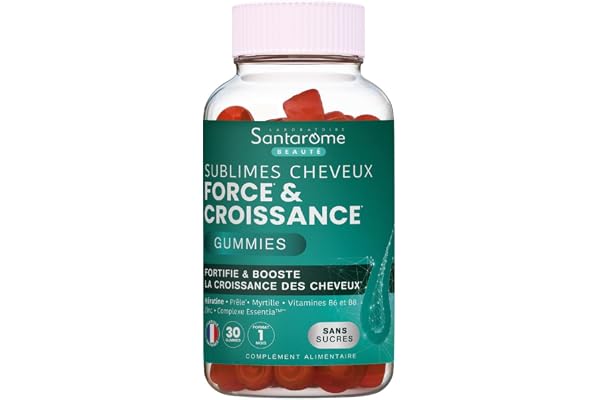 Santarome Bio - Sublimes Cheveux Force & Croissance - Complément alimentaire pousse cheveux - Prêle, Myrtille, Vitamines B6, B8, Zinc - 30 Gummies - Sans sucres - France
