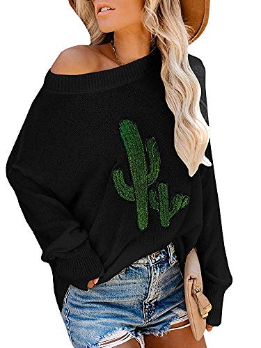 Imixcity Mujeres un Hombro/Fuera Hombro/Hombro frío Suéter de Hombro Manga Larga Batwing Pullover Tops Elegantes Blusas Sueltas (Cactus-Negro, S)