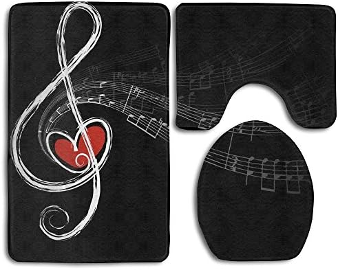 RedBeans Music Symbols Love Fashion Bathroom Rug Mats Set 3 Piece Anti-skid Pads Bath Mat + Contour + Toilet Lid Cover