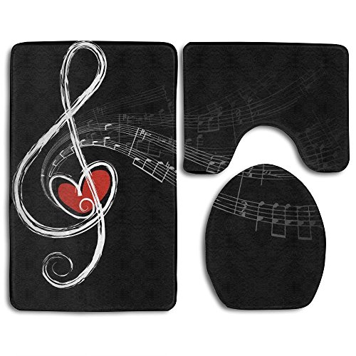 RedBeans Music Symbols Love Fashion Bathroom Rug Mats Set 3 Piece Anti-skid Pads Bath Mat + Contour + Toilet Lid Cover