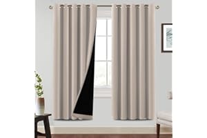 BellaHills 100% Blackout Curtains for Bedroom Thermal Insulated Blackout Curtain Heat and Full Light Blocking Eyelet Curtains for Living Room with Black Liner 2 Panels, 66 x 72 Inch, Natural Sand