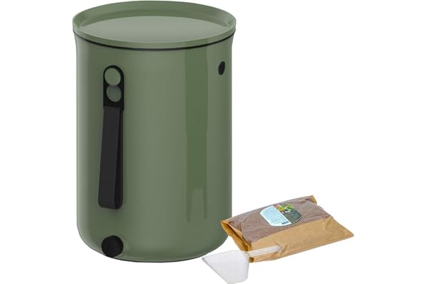 Skaza Bokashi Organko 2 Composteur de Cuisine – Bokashi Composteur 9,6 L + 1 kg activateur EM – Seau à Compost Compact et sans Odeur, Olive