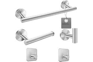 EXLECO 40cm Toallero de baño 5Pcs Juego de Accesorios de Baño Montaje en Pared INOX Toalleros + Soporte para Papel Higiénico + Gancho para Toalla de Baño Montaje con Tornillos - Acabado Cepillado