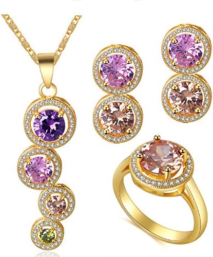 multicolor zircon Healthy lead-free yellow gold tone earrings necklace ring size jewelry set JS733