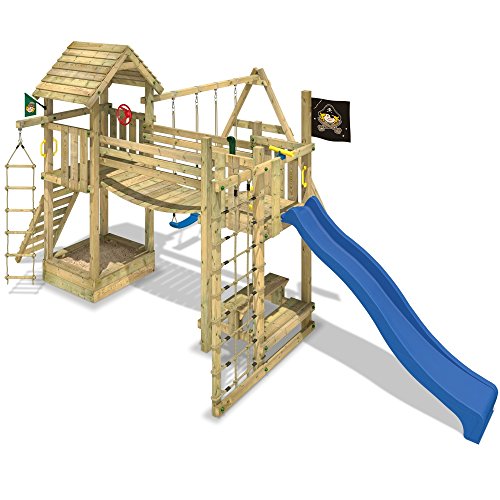 WICKEY Stelzenhaus Hillbilly’s Farm Spielburg Spielturm mit Schaukel, Rutsche, Brücke und viel Spiel-Zubehör, blaue Rutsche + blaue Schaukelsitze - 4