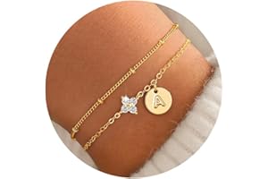 TINGN Gold Initial Bracelets for Women Girls - 14K Gold Filled Layered Initial Bracelet Cubic Zirconia Four Leaf Clover Bracelet Personalized Disc Monogram Bracelets Jewelry Gifts for Girls Gifts